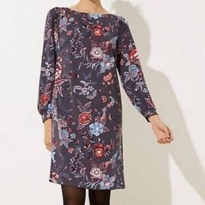 NWT Loft Long Sleeve Shift Dress Gray Floral Lightweight Pintuck Sleeve Size 0